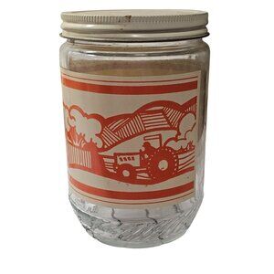 Vintage Glass Jar With Orange Farm Scene Design & Metal Lid Approx 6" T x 3.5" R